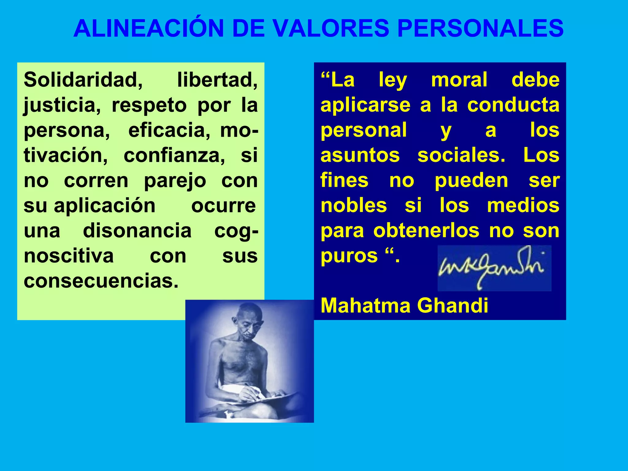 ALINEACIÓN DE VALORES PERSONALES Solidaridad, libertad, justicia, respeto por la persona,  eficacia, mo-tivación, confianza, si no corren parejo con su aplicación  ocurre una disonancia cog-noscitiva con sus consecuencias. “ La ley moral debe aplicarse a la conducta personal y a los asuntos sociales. Los fines no pueden ser nobles si los medios para obtenerlos no son puros “.  Mahatma Ghandi 