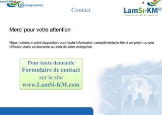 Contact


Merci pour votre attention

Nous restons à votre disposition pour toute information complémentaire liée à un projet ou une
réflexion dans ce domaine au sein de votre entreprise.



           Pour toute demande
        Formulaire de contact
             sur le site
        www.LamSi-KM.com
 