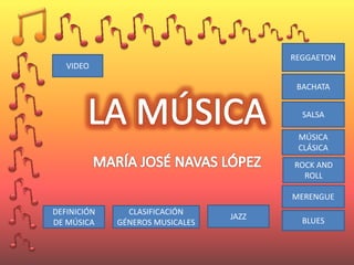 JAZZ BLUES
MERENGUE
ROCK AND
ROLL
MÚSICA
CLÁSICA
SALSA
BACHATA
REGGAETON
VIDEO
DEFINICIÓN
DE MÚSICA
CLASIFICACIÓN
GÉNEROS MUSICALES
 