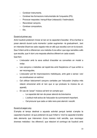 -   Conèixer instruments.
       -   Conèixer les formacions instrumentals de l’orquestra (P5).
       -   Provocar respostes: tranquil·litzar (relaxació) i l’estimulació.
       -   Reconèixer cançons.
       -   Conèixer compositors.
       -   Etc.


Durant el primer any
Amb l’audició pretenem Iniciar al nen en la capacitat d’escoltar. S’ha d’arribar a
posar atenció durant curts moments i poder augmentar –la gradualment , tant
en intensitat (fixant-se cada vegada més en allò que escolta) com en la duració.
Que l’infant arribi a diferenciar una melodia d’una altra i que sigui sensible a allò
que escolta, que hi doni una resposta afectiva diferent en cada ocasió.
Què fem:
   •   L’educador amb la seva actitud d’escoltar es converteix en model a
       imitar.
   •   Les cançons o melodies cal repetir-les amb freqüència a fi que arribin a
       ser reconegudes.
   •   L’educador pot fer improvisacions melòdiques, amb gest o sense i així
       es constitueixen en estímul.
   •   Cal utilitzar bàsicament cançons cantades per l’educador (implica més
       relació emocional amb el nen que si qui produeix la música és un
       aparell).
   •   En cas de “posar” música cal tenir en compte que :
           o     La capacitat del nen de posar atenció és brevíssima
           o     L’actitud molt activa de l’educador és summament important.
           o     Cal procurar que cada un dels nens posi atenció i escolti.


Durant el segon any
S’amplia el temps destinat a aquesta activitat perquè també s’amplia la
capacitat d’audició i el que pretenem és que l’infant s’ iniciï la capacitat d’anàlisi
dels elements que intervenen d’una manera molt senzilla, que reconegui
diverses melodies i les diferenciï, que relacioni el contingut de l’audició amb


                                                                                   10
 