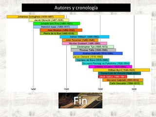 La Música Religiosa del Renacimiento 3En la Iglesia Católica el mecenazgo de Papas y otras instituciones religiosas junto al fervor popular religioso dio lugar a un enaltecimiento de la música polifónica que ha hecho que podamos hablar del siglo XVI comoEl Siglo de Oro de la Polifonía Religiosa.ESPAÑALa importancia del Imperio Español en el mundo además de las fuertes convicciones religiosas católicasde sus autores dio como resultado una época de misticismo religioso (San Juan de la Cruz, Teresa de Jesús,…) protegido y potenciado desde Los Emperadores y sus capillas musicales pasando por importantes Catedrales y Monasterios.ITALIAFLANDESG.P. Palestrina(1525-1594)Principal compositor italiano de música vocal sin acompañamiento.Mezcla el estilo compositivo Franco-flamenco con los gustos italianos. Maestro de varias Basílicas Romanas. Su obra es extensísima: Cien Misas, trescientos motetes. Se le ha llegado a comparar con los grandes artistas del renacimiento.Orlando di Lasso (1532-1594)Su música religiosa le convierte en continuador del estilo Franco Flamenco. Sin embargo su música profana (Madrigales) tiene una clara influencia italiana.Tomas Luis de Victoria(1549-1611)Nace en Ávila y pertenece a la Escuela Castellana sin embargo se trata de un artista de talla internacional, uno de los músicos más importantes e influyentes de la música. Su estilo es de un Renacimiento avanzado (Manierismo). Representa a la perfección el estilo y el espíritu de la Contrarreforma. Autor de veinte misas, cuarenta y cuatro motetes y otras obras. Una de sus obras más conocida son “Los oficios de Semana Santa”.Cristobal de Morales(1500-1533)Pertenece a la Escuela Sevillana aunque trabajó en varias Catedrales. Tambien en la Capilla Pontificia de Roma. Su estilo se adelanta a la Contrarreforma. Casi la totalidad de su obra son Misas y Motetes (Música litúrgica). Su obra más conocida es “El Magnificat”.Fco. Guerrero(1528-1599)Discípulo de Morales y de la Escuela Sevillana. Sus obras religiosas adquirieron gran difusión.