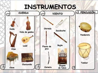 INSTRUMENTOS
CUERDA
Violín
Viola de gamba
Arpa
Laúd
Clave
Clavicordio
Chirimía
Sacabuche
Flauta de
pico
Bajón
Órgano
de tubos
VIENTO
PERCUSIÓN
Pandereta
Tambor
Corneta
 