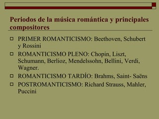 Periodos de la música romántica y principales compositores PRIMER ROMANTICISMO : Beethoven, Schubert y Rossini ROMANTICISMO PLENO : Chopin, Liszt, Schumann, Berlioz, Mendelssohn, Bellini, Verdi, Wagner. ROMANTICISMO TARDÍO : Brahms, Saint- Saëns POSTROMANTICISMO :  Richard Strauss, Mahler, Puccini 