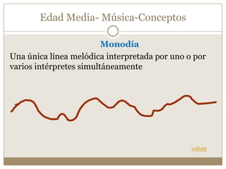 Edad Media- Música-Conceptos
Monodía
Una única línea melódica interpretada por uno o por
varios intérpretes simultáneamente

 