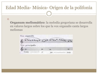 Edad Media- Música- Origen de la polifonía


Organum melismático: la melodía gregoriana se desarrolla
en valores largos sobre los que la vox organalis canta largos
melismas

 