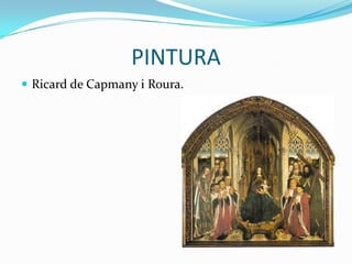 PINTURALa Pintura del Segle XIX El món no està en orde, i aixòpretén mostrar el nou art, alhora que proposa un nouorde: El Romanticisme. el racionalisme proposa la virtut, la línia, el culte a l'Antiguitatclàssica i al Mediterrani, el romanticismes'oposa i promou el cor, la passió i l'irracional.El manifest realista comprén que l'únicafontd'inspiració en l'artés la realitat, no hi ha captipus de bellesa. Elsimpressionistesprendrien el seugust per la fugacitat, les seuessuperfíciesborroses i vaporoses.