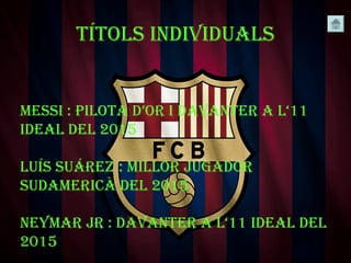 TíTols individuals
messi : piloTa d’or i davanTer a l‘11
ideal del 2015
luís suárez : millor jugador
sudamericà del 2015
neymar jr : davanTer a l‘11 ideal del
2015
 