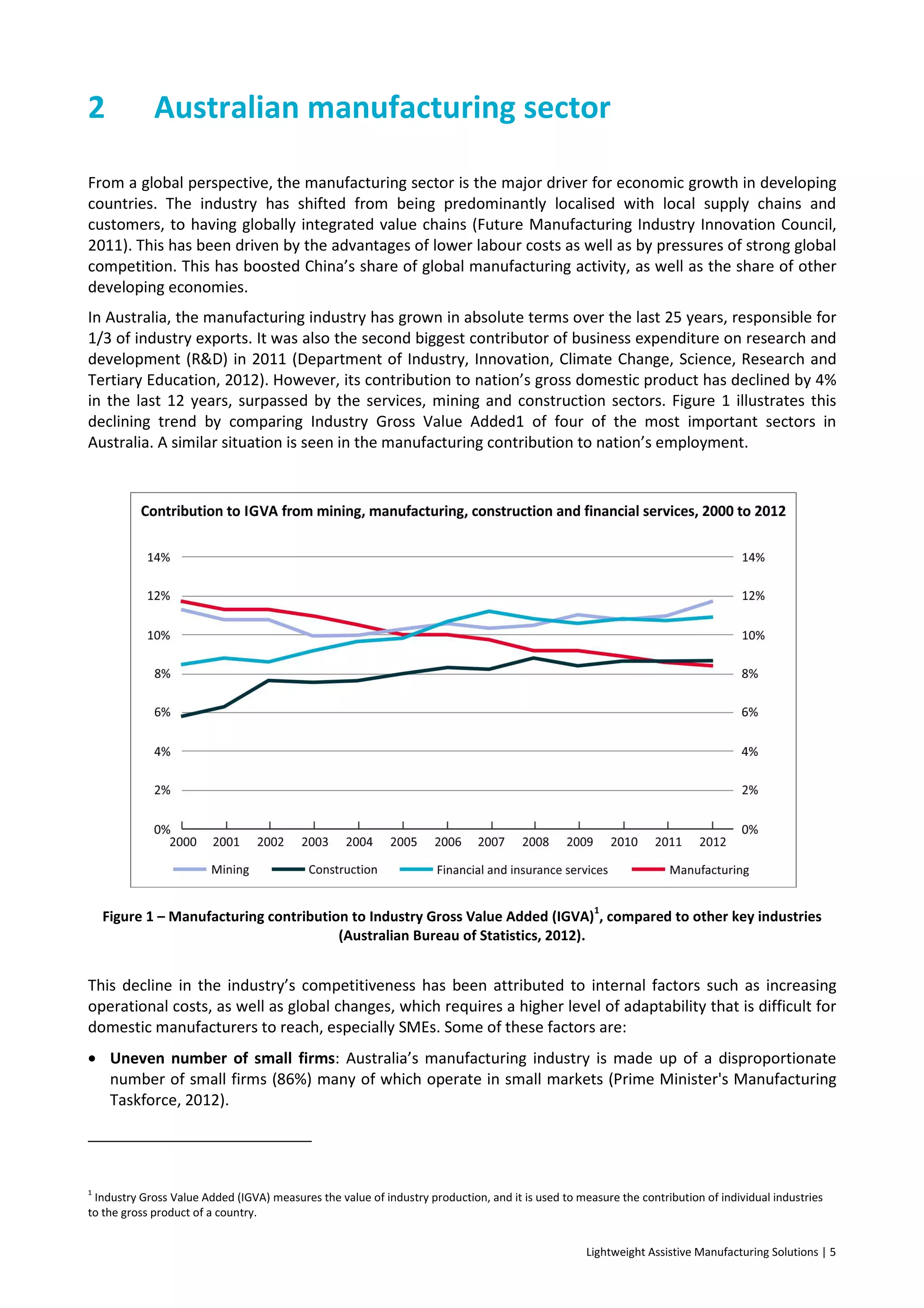 Lightweight Assistive Manufacturing Solutions | 5
2 Australian manufacturing sector
From a global perspective, the manufacturing sector is the major driver for economic growth in developing
countries. The industry has shifted from being predominantly localised with local supply chains and
customers, to having globally integrated value chains (Future Manufacturing Industry Innovation Council,
2011). This has been driven by the advantages of lower labour costs as well as by pressures of strong global
competition. This has boosted China’s share of global manufacturing activity, as well as the share of other
developing economies.
In Australia, the manufacturing industry has grown in absolute terms over the last 25 years, responsible for
1/3 of industry exports. It was also the second biggest contributor of business expenditure on research and
development (R&D) in 2011 (Department of Industry, Innovation, Climate Change, Science, Research and
Tertiary Education, 2012). However, its contribution to nation’s gross domestic product has declined by 4%
in the last 12 years, surpassed by the services, mining and construction sectors. Figure 1 illustrates this
declining trend by comparing Industry Gross Value Added1 of four of the most important sectors in
Australia. A similar situation is seen in the manufacturing contribution to nation’s employment.
Figure 1 – Manufacturing contribution to Industry Gross Value Added (IGVA)
1
, compared to other key industries
(Australian Bureau of Statistics, 2012).
This decline in the industry’s competitiveness has been attributed to internal factors such as increasing
operational costs, as well as global changes, which requires a higher level of adaptability that is difficult for
domestic manufacturers to reach, especially SMEs. Some of these factors are:
• Uneven number of small firms: Australia’s manufacturing industry is made up of a disproportionate
number of small firms (86%) many of which operate in small markets (Prime Minister's Manufacturing
Taskforce, 2012).
1
Industry Gross Value Added (IGVA) measures the value of industry production, and it is used to measure the contribution of individual industries
to the gross product of a country.
 