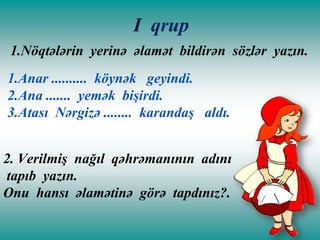 I qrup
1.Nöqtələrin yerinə əlamət bildirən sözlər yazın.
1.Anar .......... köynək geyindi.
2.Ana ....... yemək bişirdi.
3.Atası Nərgizə ........ karandaş aldı.

2. Verilmiş nağıl qəhrəmanının adını
tapıb yazın.
Onu hansı əlamətinə görə tapdınız?.

 