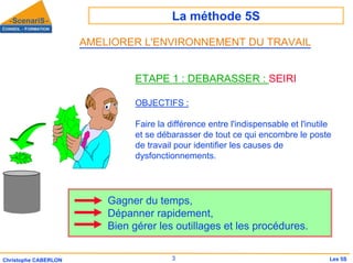 La méthode 5S
3
Christophe CABERLON Les 5S
ETAPE 1 : DEBARASSER : SEIRI
OBJECTIFS :
Faire la différence entre l'indispensable et l'inutile
et se débarasser de tout ce qui encombre le poste
de travail pour identifier les causes de
dysfonctionnements.
Gagner du temps,
Dépanner rapidement,
Bien gérer les outillages et les procédures.
AMELIORER L'ENVIRONNEMENT DU TRAVAIL
 