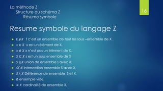 Resume symbole du langage Z
 f: ℘𝑋 f c’est un ensemble de tout les sous –ensemble de X ,
 𝑥 ∈ 𝑋 x est un élément de X,
 𝑥 ∉ 𝑋 x n’est pas un élément de X,
 𝑆 ⊆ 𝑋 s est un sous ensemble de X
 𝑆 ⋃𝑋 union de ensemble s avec X,
 𝑆⋂𝑋 intersection ensemble S avec X,
 𝑆 ∖ 𝑋 Déférence de ensemble S et X,
 ∅ ensemple vide,
 ≠ 𝑋 cardinalité de ensemble X,
La méthode Z
Structure du schéma Z
Résume symbole
16
 