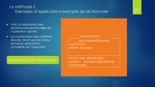 La méthode Z
Exemples d’applications exemple de dictionnaire 27
Ajouter_Erreur
ΞDictionnaireDonnee
nom?:NOM
erreur!: seq char
nom? ϵ𝑑𝑜𝑚 dictionnaire
erreur! = ‘données déjà dans le
dictionnaire ’
 Voici la description des
situations exceptionnelles de
l’opération ajouter ,
 La combinaison des schémes
Ajouter_Ok et Ajouter_Erreur
donne la description
compléte de l’operation
Ajouter ≡ Ajouter_OK ∨ Ajouter_Erreur
 