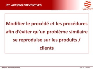 LeanPerf, des résultats pérennes Page 11| Copyright
D7: ACTIONS PREVENTIVES
Modifier le procédé et les procédures
afin d’éviter qu’un problème similaire
se reproduise sur les produits /
clients
 