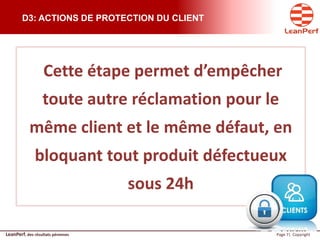 LeanPerf, des résultats pérennes Page 7| Copyright
D3: ACTIONS DE PROTECTION DU CLIENT
Cette étape permet d’empêcher
toute autre réclamation pour le
même client et le même défaut, en
bloquant tout produit défectueux
sous 24h
 