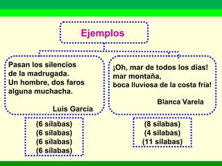 Ejemplos
Pasan los silencios
de la madrugada.
Un hombre, dos faros
alguna muchacha.
Luis García
¡Oh, mar de todos los días!
mar montaña,
boca lluviosa de la costa fría!
Blanca Varela
(6 sílabas)
(6 sílabas)
(6 sílabas)
(6 sílabas)
(8 sílabas)
(4 sílabas)
(11 sílabas)
 