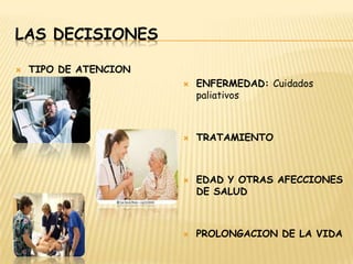 LAS DECISIONES


TIPO DE ATENCION








ENFERMEDAD: Cuidados
paliativos

TRATAMIENTO

EDAD Y OTRAS AFECCIONES
DE SALUD

PROLONGACION DE LA VIDA

 