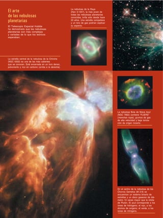 En el centro de la nebulosa de los
Chorros Gemelos (M 2-9) se
encuentran un sistema binario de
estrellas y un disco gaseoso de diá-
metro 10 veces mayor que la órbita
de Plutón. El azul corresponde a los
iones de hidrógeno; el rojo, a los
átomos de oxígeno; el verde, a los
iones de nitrógeno.
La estrella central de la nebulosa de la Chinche
(NGC 6302) es una de las más calientes
que se conocen. Está encerrada en un toro denso,
polvoriento y rico en carbono (arriba a la derecha).
La nebulosa de la Raya
(Hen 3-1357), la más joven de
todas las nebulosas planetarias
conocidas, brilla sólo desde hace
20 años. Una estrella compañera
y un toro de gas podrían explicar
su aspecto.
El arte
de las nebulosas
planetarias
El Telescopio Espacial Hubble
ha demostrado que las nebulosas
planetarias son más complejas
y variadas de lo que los teóricos
esperaban.
La nebulosa Bola de Nieve Azul
(NGC 7662) contiene “FLIERS”
(manchas rojas), grumos de gas
de alta velocidad y baja ioniza-
ción de origen incierto.
 
