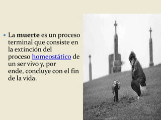  La muerte es un proceso
terminal que consiste en
la extinción del
proceso homeostático de
un ser vivo y, por
ende, concluye con el fin
de la vida.
 