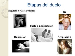 Etapas del duelo
Negación y aislamiento Ira
Pacto o negociación
Depresión Aceptación
 