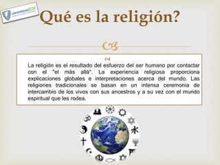 

La religión es el resultado del esfuerzo del ser humano por contactar
con el "el más allá". La experiencia religiosa proporciona
explicaciones globales e interpretaciones acerca del mundo. Las
religiones tradicionales se basan en un intensa ceremonia de
intercambio de los vivos con sus ancestros y a su vez con el mundo
espiritual que les rodea.
Qué es la religión?
 