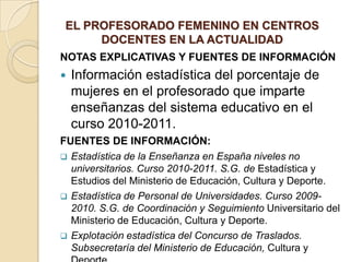EL PROFESORADO FEMENINO EN CENTROS
DOCENTES EN LA ACTUALIDAD
NOTAS EXPLICATIVAS Y FUENTES DE INFORMACIÓN
 Información estadística del porcentaje de
mujeres en el profesorado que imparte
enseñanzas del sistema educativo en el
curso 2010-2011.
FUENTES DE INFORMACIÓN:
 Estadística de la Enseñanza en España niveles no
universitarios. Curso 2010-2011. S.G. de Estadística y
Estudios del Ministerio de Educación, Cultura y Deporte.
 Estadística de Personal de Universidades. Curso 2009-
2010. S.G. de Coordinación y Seguimiento Universitario del
Ministerio de Educación, Cultura y Deporte.
 Explotación estadística del Concurso de Traslados.
Subsecretaría del Ministerio de Educación, Cultura y
 