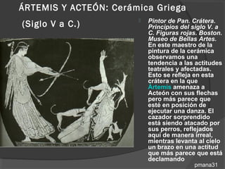 ÁRTEMIS Y ACTEÓN: Cerámica Griega
                          Pintor de Pan. Crátera.
(Siglo V a C.)             Principios del siglo V. a
                           C. Figuras rojas. Boston.
                           Museo de Bellas Artes.
                           En este maestro de la
                           pintura de la cerámica
                           observamos una
                           tendencia a las actitudes
                           teatrales y afectadas.
                           Esto se refleja en esta
                           crátera en la que
                           Ártemis amenaza a
                           Acteón con sus flechas
                           pero más parece que
                           esté en posición de
                           ejecutar una danza. El
                           cazador sorprendido
                           está siendo atacado por
                           sus perros, reflejados
                           aquí de manera irreal,
                           mientras levanta al cielo
                           un brazo en una actitud
                           que más parece que está
                           declamando
                                          pmana31
 
