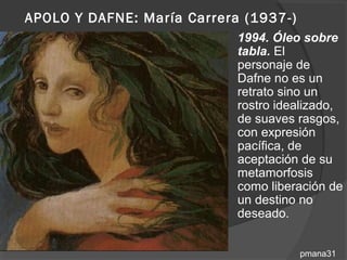 APOLO Y DAFNE: María Carrera (1937-)
                             1994. Óleo sobre
                              tabla. El
                              personaje de
                              Dafne no es un
                              retrato sino un
                              rostro idealizado,
                              de suaves rasgos,
                              con expresión
                              pacífica, de
                              aceptación de su
                              metamorfosis
                              como liberación de
                              un destino no
                              deseado.


                                        pmana31
 