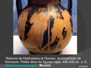 
    Retorno de Hephaistos al Olympo, acompañado de
    Dionysos. Pelike ática de figuras rojas. 440-430 av. J.-C.
    Antikensammlungen. Munich                          pmana31
 
