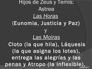 Hijos de Zeus y Temis:
             Astrea
           Las Horas
  (Eunomia, Justicia y Paz)
             y
        Las Moiras
 Cloto (la que hila), Láquesis
  (la que asigna los lotes),
  entrega las alegrías y las
penas y Atropo (la inflexible),
                            pmana31
 
