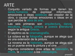 ARTE
   Conjunto variado de formas que tienen los
    seres humanos       de    expresar     información,
    emociones o ideas estéticas del creador de la
    obra, o causar dichas emociones o ideas en el
    que percibe la obra de arte.
   Las seis primeras son arquitectura, danza,
    escultura, música, pintura y poesía (literatura)
    según la antigua Grecia.
   El séptimo es la cinematografía.
   La octava es la fotografía, aunque se alega que
    es una extensión de la pintura.
   La novena es la historieta, aunque se alega que
    es un puente entre la pintura y el cine
   Algunos consideran otras artes: la televisión, la
    moda, la publicidad o los videojuegos.
                                                pmana31
 
