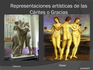 Representaciones artísticas de las
       Cárites o Gracias




Canova               Rafael
                              pmana31
 