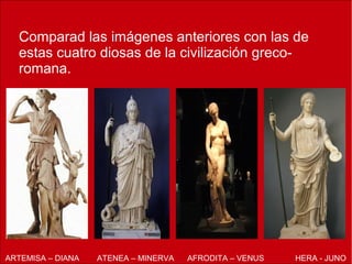 ARTEMISA – DIANA ATENEA – MINERVA AFRODITA – VENUS HERA - JUNO
Comparad las imágenes anteriores con las de
estas cuatro diosas de la civilización greco-
romana.
 