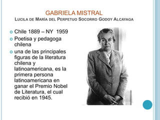 GABRIELA MISTRALLucila de María del Perpetuo Socorro Godoy AlcayagaChile 1889 – NY  1959Poetisa y pedagoga chilenauna de las principales figuras de la literatura chilena y latinoamericana, es la primera persona latinoamericana en ganar el Premio Nobel de Literatura, el cual recibió en 1945.