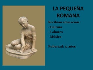 LA PEQUEÑA
ROMANA
Recibían educación:
- Cultura
- Labores
- Música
Pubertad: 12 años
 