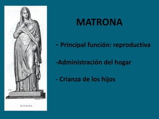 MATRONA
- Principal función: reproductiva
-Administración del hogar
- Crianza de los hijos
 