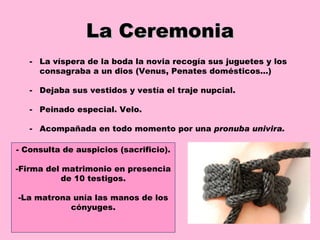 La Ceremonia La víspera de la boda la novia recogía sus juguetes y los consagraba a un dios (Venus, Penates domésticos…) Dejaba sus vestidos y vestía el traje nupcial. Peinado especial. Velo. Acompañada en todo momento por una  pronuba univira. - Consulta de auspicios (sacrificio). Firma del matrimonio en presencia de 10 testigos. La matrona unía las manos de los cónyuges. 