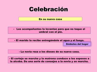 Celebración En su nueva casa Los acompañantes la levantan para que no toque el umbral con el pie. - El marido la recibe entregándole el agua y el fuego. - La novia reza a los dioses de su nueva casa. - El cortejo se marcha y la matrona conduce a los esposos a la alcoba. Da una serie de consejos a la novia y se marcha. Símbolos del hogar 