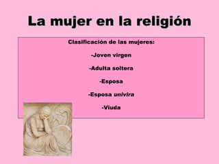 La mujer en la religión Clasificación de las mujeres: Joven virgen Adulta soltera Esposa Esposa  univira Viuda 