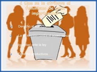    Derecho al sufragio

   La protección contra el acoso sexual

   Igualdad ante la ley

   Derecho productivos
 