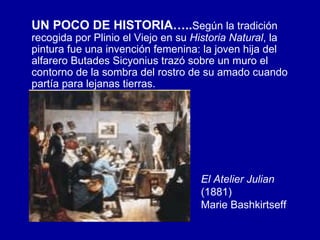 UN POCO DE HISTORIA….. Según la tradición recogida por Plinio el Viejo en su  Historia Natural , la pintura fue una invención femenina: la joven hija del alfarero Butades Sicyonius trazó sobre un muro el contorno de la sombra del rostro de su amado cuando partía para lejanas tierras. El Atelier Julian  (1881) Marie Bashkirtseff 