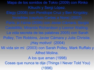 Mapa de los sonidos de Tokio (2009) con Rinko Kikuchi y Sergi López.  Elegy (2008) con Penélope Cruz y Ben Kingsley. Invisibles (capítulo Cartas a Nora) (2007)  Paris, je t'aime (2006) con Javier Cámara, Sergio Castellitto, Miranda Richardson y Leonor Watling.  La vida secreta de las palabras 2005) con Sarah Polley, Tim Robbins, Javier Cámara y Julie Christie.  ¡Hay motivo!  (2004)  Mi vida sin mí  (2003) con Sarah Polley, Mark Ruffalo y Alfred Molina.  A los que aman (1998)  Cosas que nunca te dije (Things I Never Told You) (1996) 