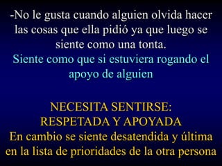 -No le gusta cuando alguien olvida hacer
 las cosas que ella pidió ya que luego se
          siente como una tonta.
 Siente como que si estuviera rogando el
             apoyo de alguien

           NECESITA SENTIRSE:
        RESPETADA Y APOYADA
 En cambio se siente desatendida y última
en la lista de prioridades de la otra persona
 