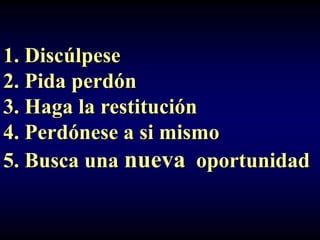 1. Discúlpese
2. Pida perdón
3. Haga la restitución
4. Perdónese a si mismo
5. Busca una nueva oportunidad
 