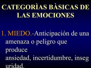 CATEGORÌAS BÀSICAS DE
   LAS EMOCIONES

1. MIEDO.-Anticipación de una
  amenaza o peligro que
  produce
  ansiedad, incertidumbre, inseg
 