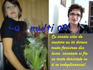 Cu ocazia zilei de
nastere eu iti doresc
toata fericirea din
lume sanatate si fie
ca toate dorintele sa
ti se indeplineasca!
 