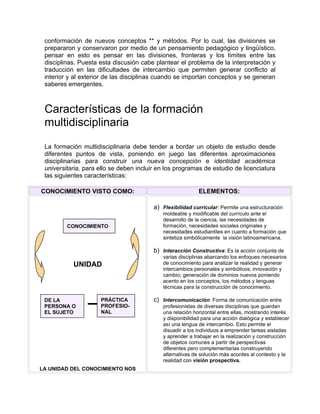 conformación de nuevos conceptos ** y métodos. Por lo cual, las divisiones se
 prepararon y conservaron por medio de un pensamiento pedagógico y lingüístico,
 pensar en esto es pensar en las divisiones, fronteras y los límites entre las
 disciplinas. Puesta esta discusión cabe plantear el problema de la interpretación y
 traducción en las dificultades de intercambio que permiten generar conflicto al
 interior y al exterior de las disciplinas cuando se importan conceptos y se generan
 saberes emergentes.



 Características de la formación
 multidisciplinaria
 La formación multidisciplinaria debe tender a bordar un objeto de estudio desde
 diferentes puntos de vista, poniendo en juego las diferentes aproximaciones
 disciplinarias para construir una nueva concepción e identidad académica
 universitaria, para ello se deben incluir en los programas de estudio de licenciatura
 las siguientes características:

CONOCIMIENTO VISTO COMO:                                   ELEMENTOS:

                                         a) Flexibilidad curricular: Permite una estructuración
                                            moldeable y modificable del currículo ante el
                                            desarrollo de la ciencia, las necesidades de
         CONOCIMIENTO                       formación, necesidades sociales originales y
                                            necesidades estudiantiles en cuanto a formación que
                                            sintetiza simbólicamente la visión latinoamericana.

                                         b) Interacción Constructiva: Es la acción conjunta de
                                            varias disciplinas abarcando los enfoques necesarios
           UNIDAD                           de conocimiento para analizar la realidad y generar
                                            intercambios personales y simbólicos; innovación y
                                            cambio; generación de dominios nuevos poniendo
                                            acento en los conceptos, los métodos y lenguas
                                            técnicas para la construcción de conocimiento.

 DE LA               PRÁCTICA            c) Intercomunicación: Forma de comunicación entre
 PERSONA O           PROFESIO-              profesionistas de diversas disciplinas que guardan
 EL SUJETO           NAL                    una relación horizontal entre ellas, mostrando interés
                                            y disponibilidad para una acción dialógica y establecer
                                            así una lengua de intercambio. Esto permite el
                                            disuadir a los individuos a emprender tareas aisladas
                                            y aprender a trabajar en la realización y construcción
                                            de objetos comunes a partir de perspectivas
                                            diferentes pero complementarias construyendo
                                            alternativas de solución más acordes al contexto y la
                                            realidad con visión prospectiva.
LA UNIDAD DEL CONOCIMIENTO NOS
 