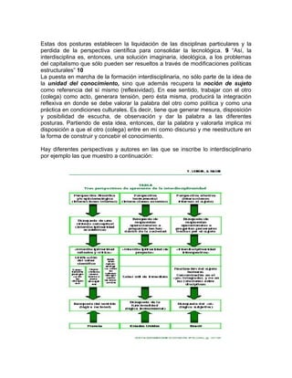 Estas dos posturas establecen la liquidación de las disciplinas particulares y la
perdida de la perspectiva científica para consolidar la tecnológica. 9 “Así, la
interdisciplina es, entonces, una solución imaginaria, ideológica, a los problemas
del capitalismo que sólo pueden ser resueltos a través de modificaciones políticas
estructurales” 10
La puesta en marcha de la formación interdisciplinaria, no sólo parte de la idea de
la unidad del conocimiento, sino que además recupera la noción de sujeto
como referencia del sí mismo (reflexividad). En ese sentido, trabajar con el otro
(colega) como acto, generara tensión, pero ésta misma, producirá la integración
reflexiva en donde se debe valorar la palabra del otro como política y como una
práctica en condiciones culturales. Es decir, tiene que generar mesura, disposición
y posibilidad de escucha, de observación y dar la palabra a las diferentes
posturas. Partiendo de esta idea, entonces, dar la palabra y valorarla implica mi
disposición a que el otro (colega) entre en mí como discurso y me reestructure en
la forma de construir y concebir el conocimiento.

Hay diferentes perspectivas y autores en las que se inscribe lo interdisciplinario
por ejemplo las que muestro a continuación:
 