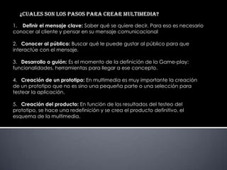1. Definir el mensaje clave: Saber qué se quiere decir. Para eso es necesario
conocer al cliente y pensar en su mensaje comunicacional

2. Conocer al público: Buscar qué le puede gustar al público para que
interactúe con el mensaje.

3. Desarrollo o guión: Es el momento de la definición de la Game-play:
funcionalidades, herramientas para llegar a ese concepto.

4. Creación de un prototipo: En multimedia es muy importante la creación
de un prototipo que no es sino una pequeña parte o una selección para
testear la aplicación.

5. Creación del producto: En función de los resultados del testeo del
prototipo, se hace una redefinición y se crea el producto definitivo, el
esquema de la multimedia.
 