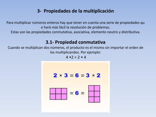 3- Propiedades de la multiplicación
Para multiplicar números enteros hay que tener en cuenta una serie de propiedades qu
e hará más fácil la resolución de problemas.
Estas son las propiedades conmutativa, asociativa, elemento neutro y distributiva.
3.1- Propiedad conmutativa
Cuando se multiplican dos números, el producto es el mismo sin importar el orden de
los multiplicandos. Por ejemplo:
4 •2 = 2 • 4
 