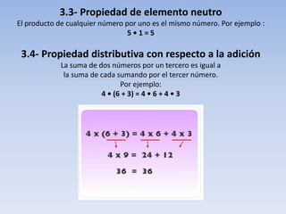 3.3- Propiedad de elemento neutro
El producto de cualquier número por uno es el mismo número. Por ejemplo :
5 • 1 = 5
3.4- Propiedad distributiva con respecto a la adición
La suma de dos números por un tercero es igual a
la suma de cada sumando por el tercer número.
Por ejemplo:
4 • (6 + 3) = 4 • 6 + 4 • 3
 